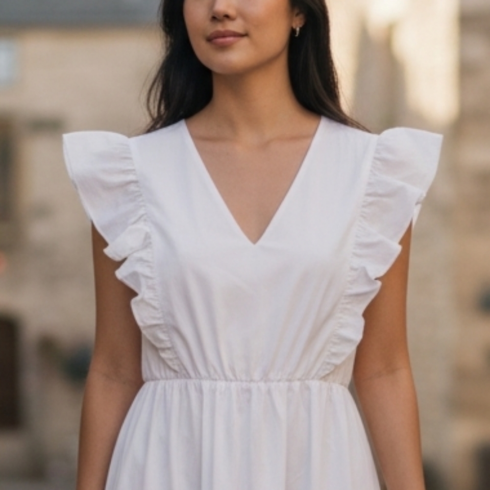 Nanette Lepore White Ruffle Cotton Blend V-neck Dress Farmers Market - 12